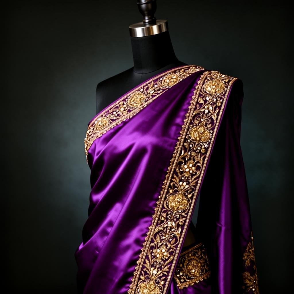 Purple silk saree with gold aari embroidery